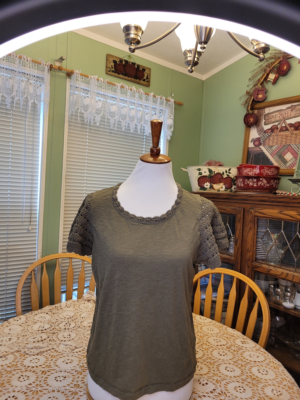 Democracy Olive Green Short Sleeve Top with Crochet Sleeves